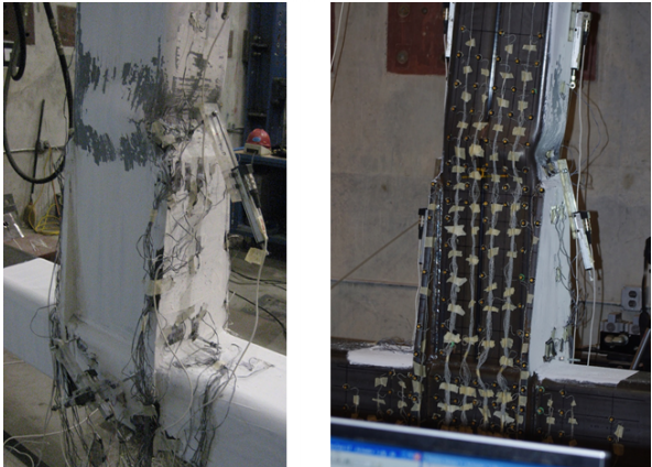 Square and Rectangular HSS-to-HSS Moment Connections 6 Figure 4: Photos of the plastic hinge and local buckling in the (a) through plate and (b) external diaphragm plate reinforced connections (column shown horizontal and beam shown vertical)