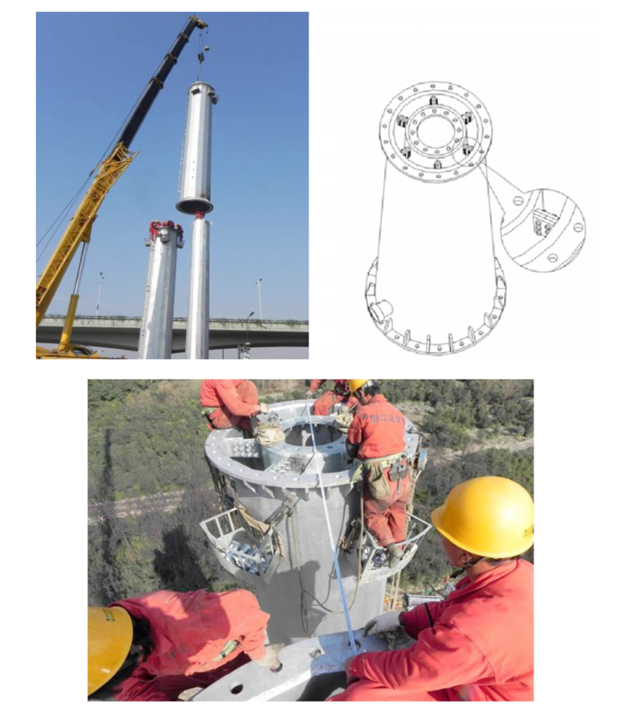 Concrete-Filled Double-Skin Tubes 4 Figure 4: CFDST transmission line tower pole under construction in China (Li et al. 2012)