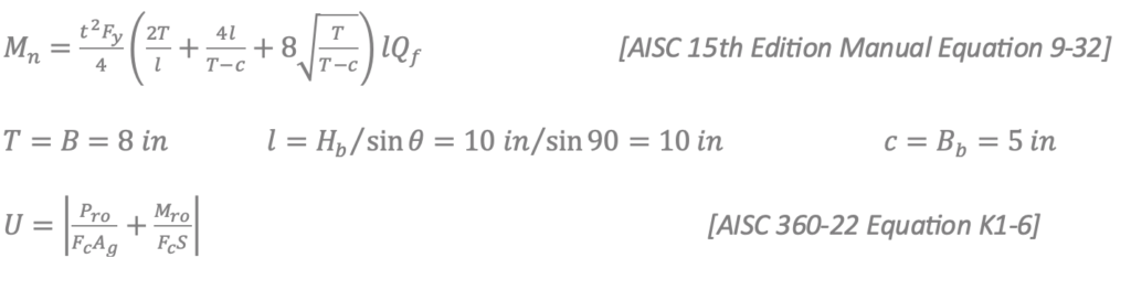 HSS Beam to HSS Column Connections 18 Plastification of the HSS column face - AISC 15th Edition Manual Equation 9-32 and Equation K1-6