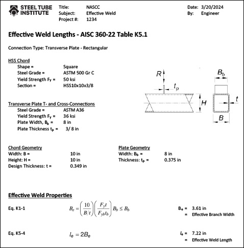 HSS Effective Weld Length Calculator 1 Example output of the HSS Effective Weld Length Calculator